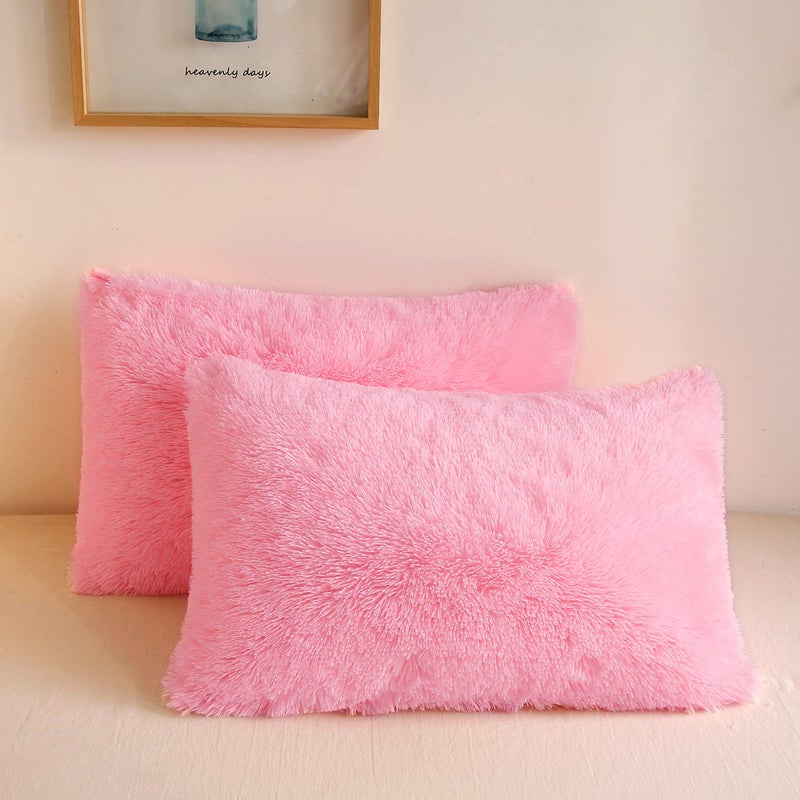 XeGe Faux Fur Throw Pillow Cases, Plush Shaggy Ultra Soft Pillow Covers, Fluffy Crystal Velvet Decorative Pillowcases, Furry Fuzzy Pillow Shams Zipper Closure, Set of 2(Standard, Light Pink) - Image 1